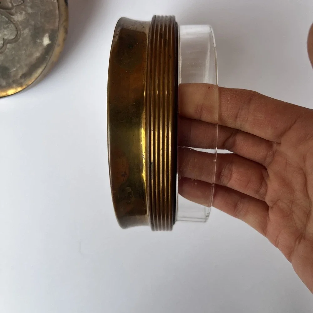 VTG Brass Powder Jar Heart Enamel Lid Glass Insert Vanity Trinket Box Glass Knob